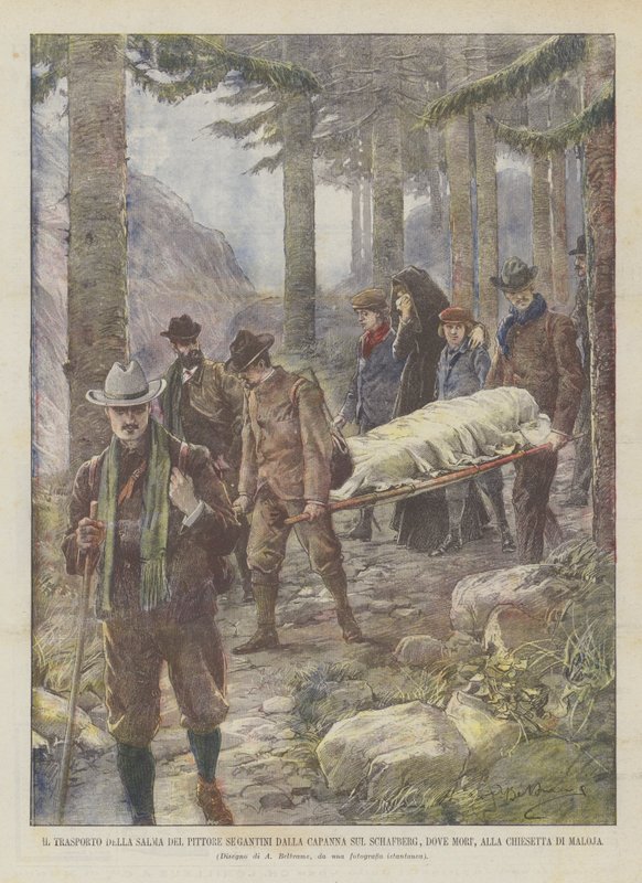 Het transport van het lichaam van schilder Segantini van de hut op de Schafberg, waar hij stierf, naar de kapel van Maloja door Achille Beltrame