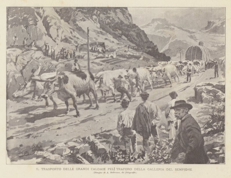 Het transport van de grote ketels door de Simplontunnel door Achille Beltrame