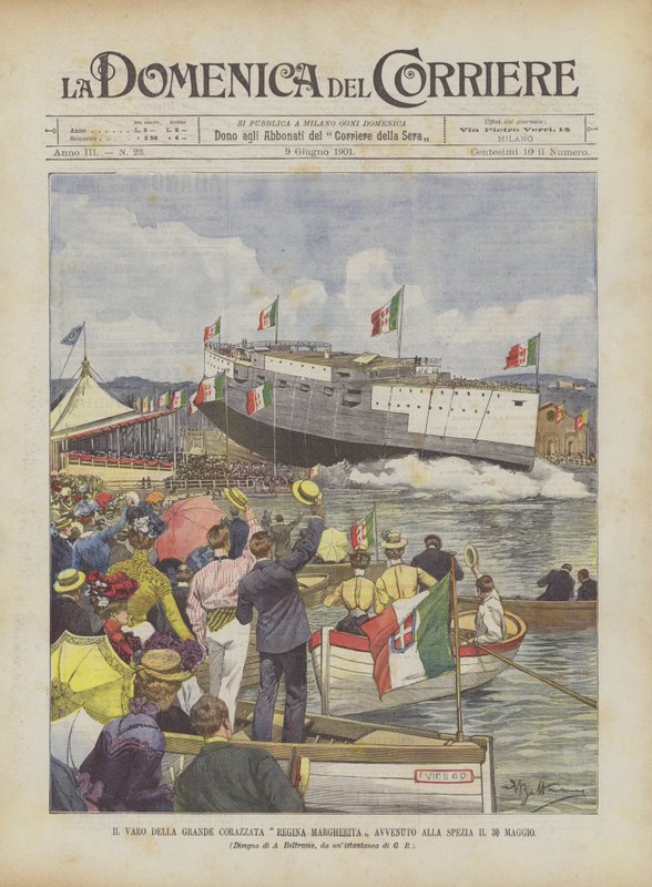 De tewaterlating van het grote slagschip Regina Margherita vond plaats in La Spezia op 30 mei door Achille Beltrame