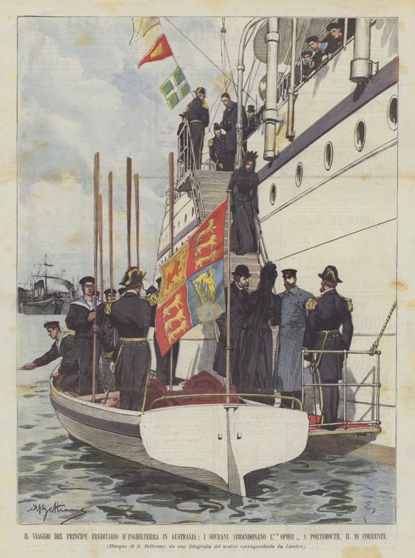 De reis van de kroonprins van Engeland naar Australië, de vorsten verlaten de Ophir door Achille Beltrame