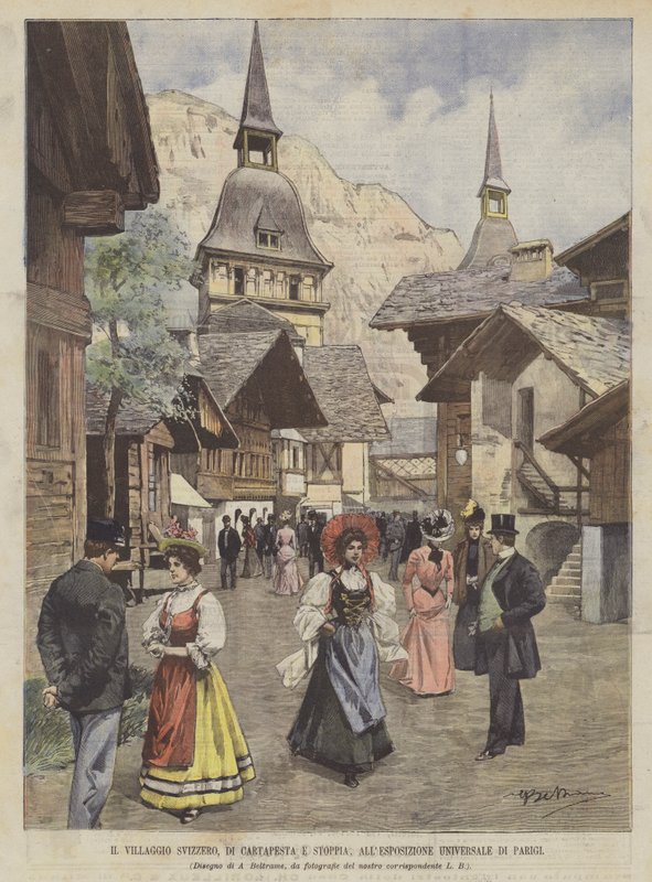 Het Zwitserse Dorp, van Papier-maché en Stro, op de Wereldtentoonstelling van Parijs door Achille Beltrame
