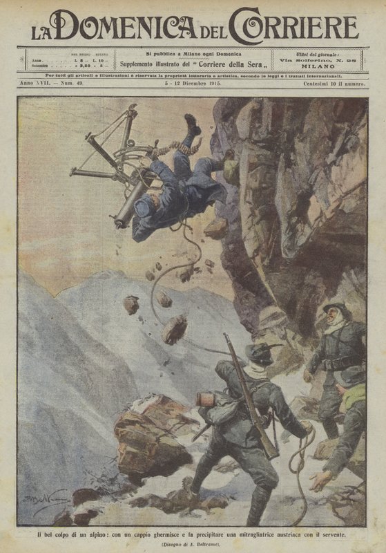 De mooie slag van een alpinist, met een lus grijpt hij en laat een Oostenrijkse mitrailleur met de bediener vallen door Achille Beltrame