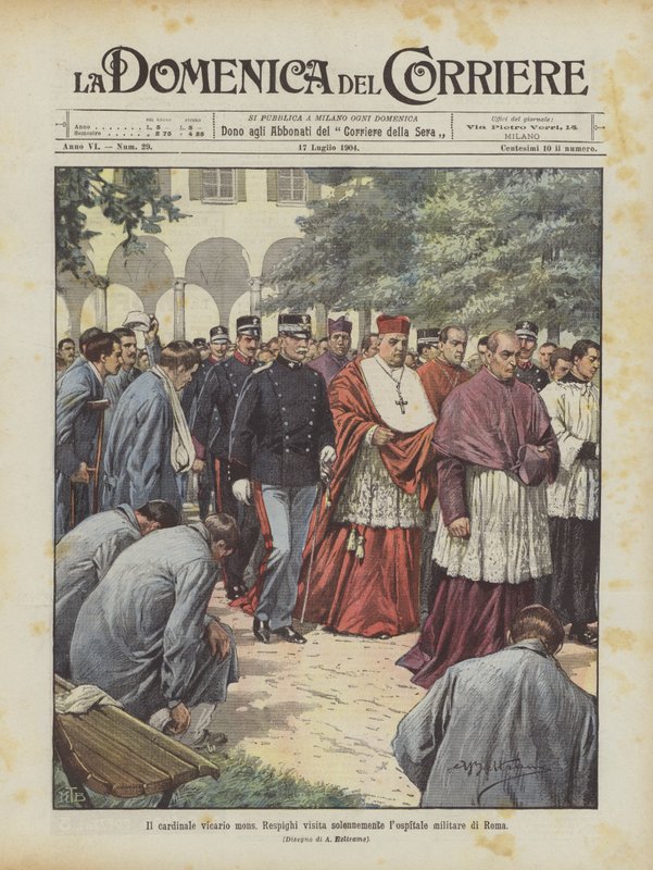 De kardinaal vicaris monseigneur Respighi bezoekt plechtig het militair hospitaal van Rome door Achille Beltrame