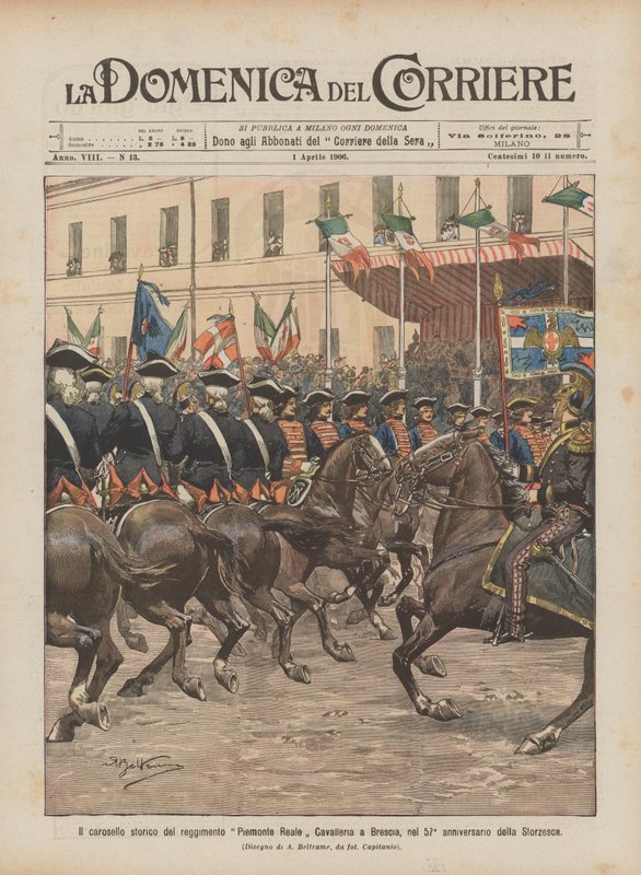 De historische carrousel van het regiment Piemonte Reale Cavalleria in Brescia, op de 57e verjaardag van de Storzesca door Achille Beltrame