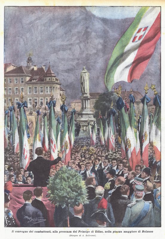 De bijeenkomst van de strijders, in aanwezigheid van de Prins van Udine, op het grote plein van Bolzano door Achille Beltrame