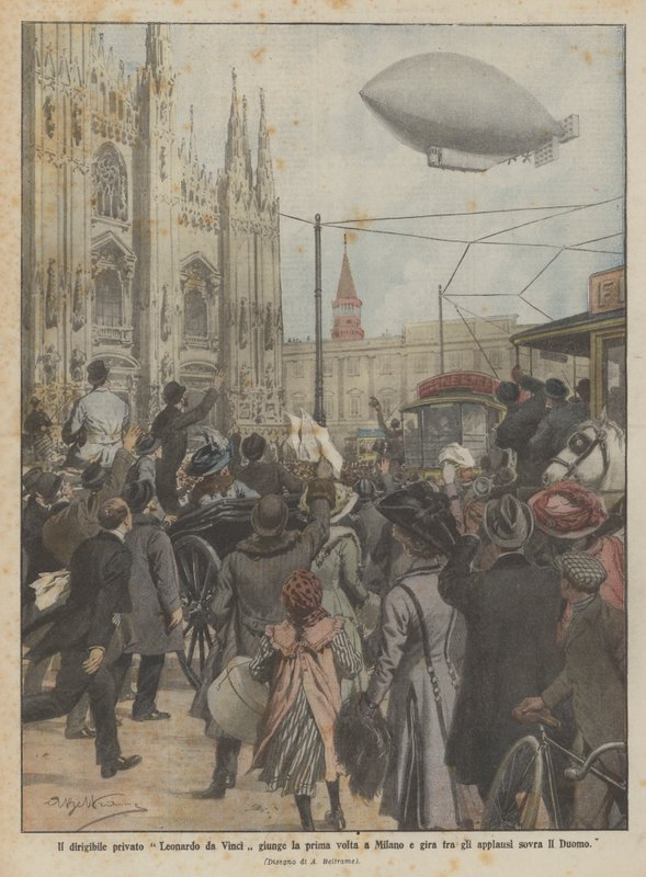 Het privé-luchtschip Leonardo da Vinci komt voor het eerst aan in Milaan en vliegt onder applaus over de Dom door Achille Beltrame