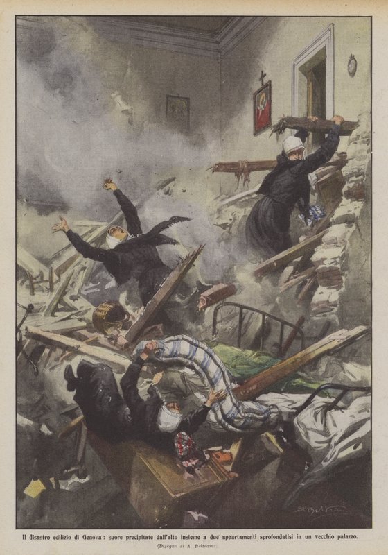 Het bouwramp in Genua, nonnen vallen van grote hoogte samen met twee appartementen door Achille Beltrame