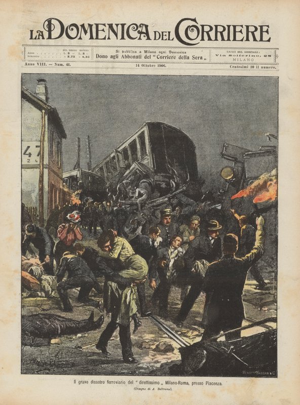 Het ernstige treinongeluk van de rechtstreekse trein Milaan-Rome, nabij Piacenza door Achille Beltrame