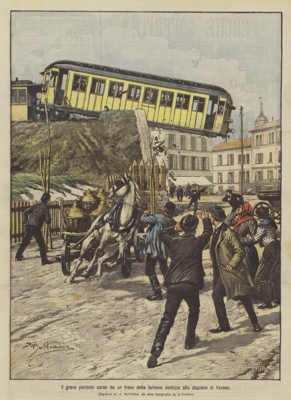 Het ernstige gevaar dat een elektrische trein liep bij het station van Varese door Achille Beltrame