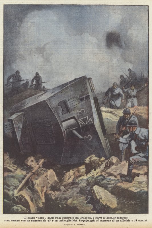 De eerste tank van de Hunnen, gevangen door de Fransen door Achille Beltrame