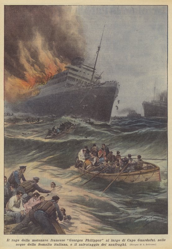 De brand van het Franse motorschip Georges Philippar voor de kust van Kaap Guardafui, in de wateren van door Achille Beltrame