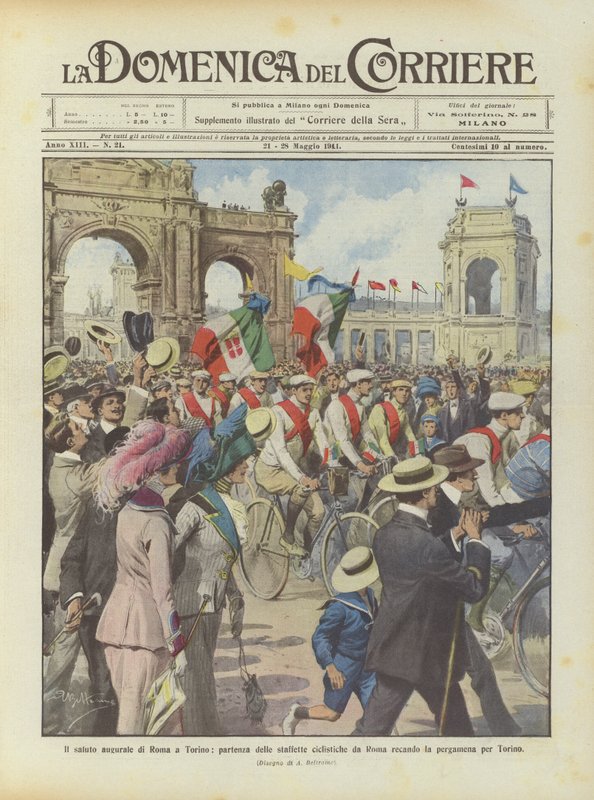 De groet van Rome aan Turijn, vertrek van de fietsestafettes uit Rome met het perkament voor Turijn door Achille Beltrame