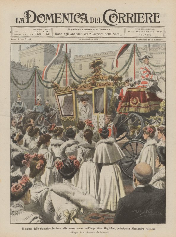Het saluut van de Berlijnse dames aan de nieuwe schoondochter van keizer Wilhelm, prinses Alexandra Holstein door Achille Beltrame