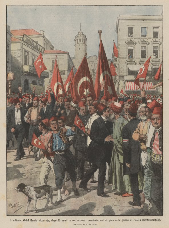 De sultan Abdul Hamid herstelt na 32 jaar de grondwet, vreugdevolle manifestaties door Achille Beltrame