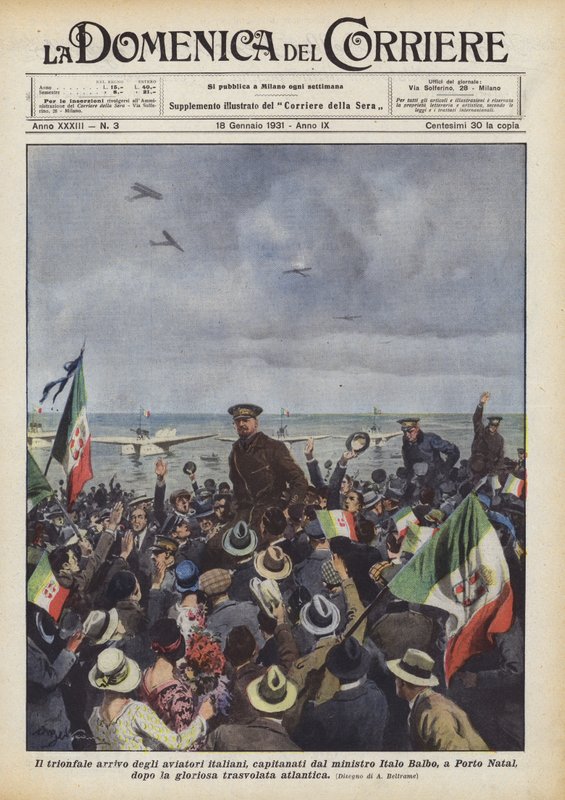 De triomfantelijke aankomst van de Italiaanse vliegers, geleid door minister Italo Balbo, in Porto Natal door Achille Beltrame