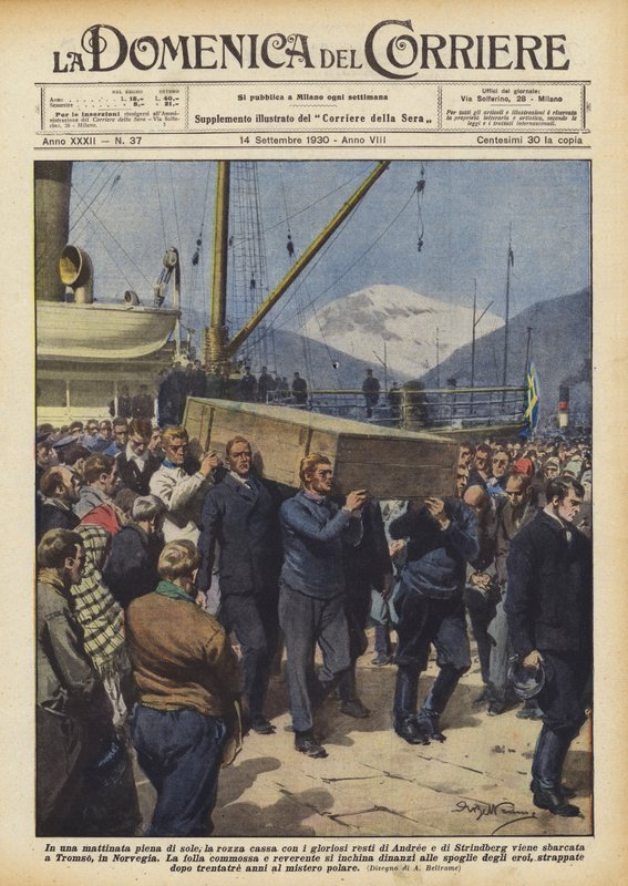 Op een zonnige ochtend, de ruwe kist met de glorieuze resten van Andree en Strindberg... door Achille Beltrame