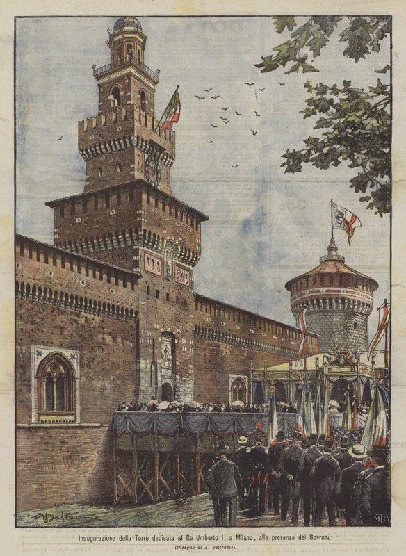 Inhuldiging van de toren gewijd aan koning Umberto I, in Milaan, in aanwezigheid van de vorsten door Achille Beltrame