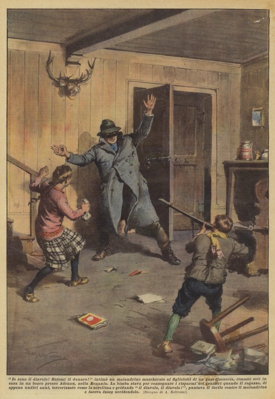 Ik ben de duivel! Geef me het geld! beval een gemaskerde misdadiger aan de kinderen door Achille Beltrame