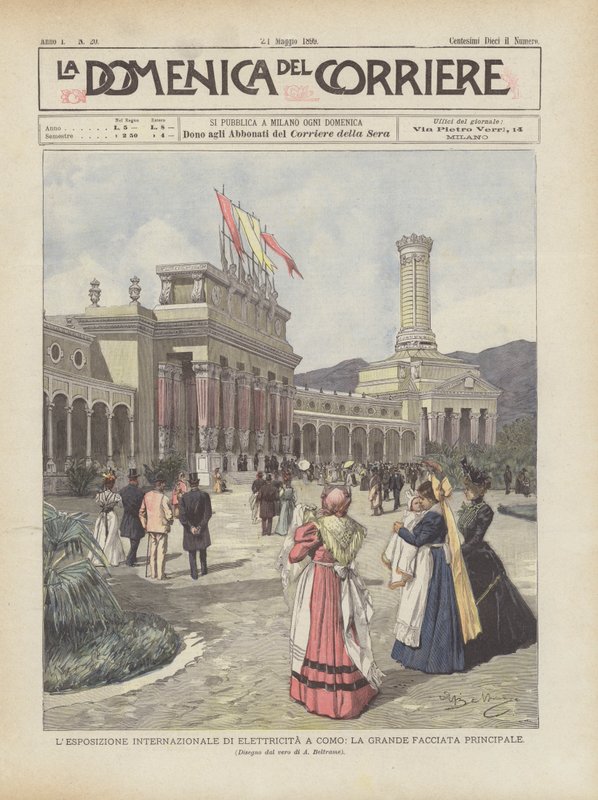 De internationale elektriciteitstentoonstelling in Como, de grote hoofdgevel door Achille Beltrame