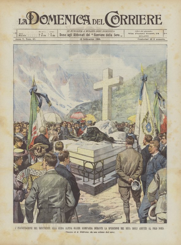 De inhuldiging van het monument voor de berggids Ollier, verdwenen tijdens de expeditie van de hertog door Achille Beltrame