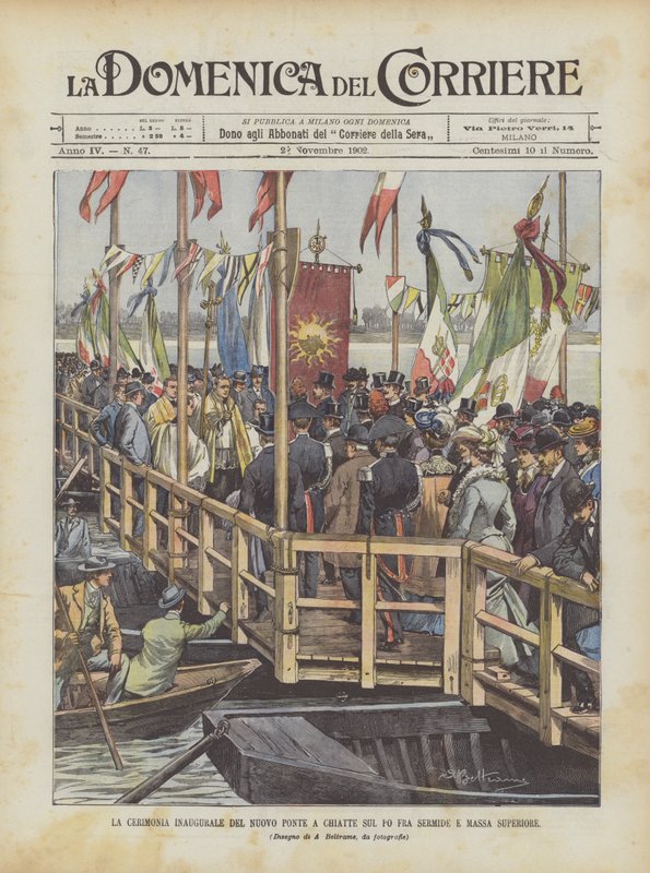 De openingsceremonie van de nieuwe pontonbrug over de Po tussen Sermide en Massa Superiore door Achille Beltrame