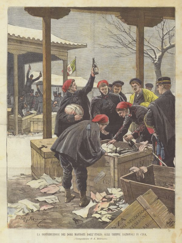 De distributie van de geschenken gestuurd door Italië aan de nationale troepen in China door Achille Beltrame