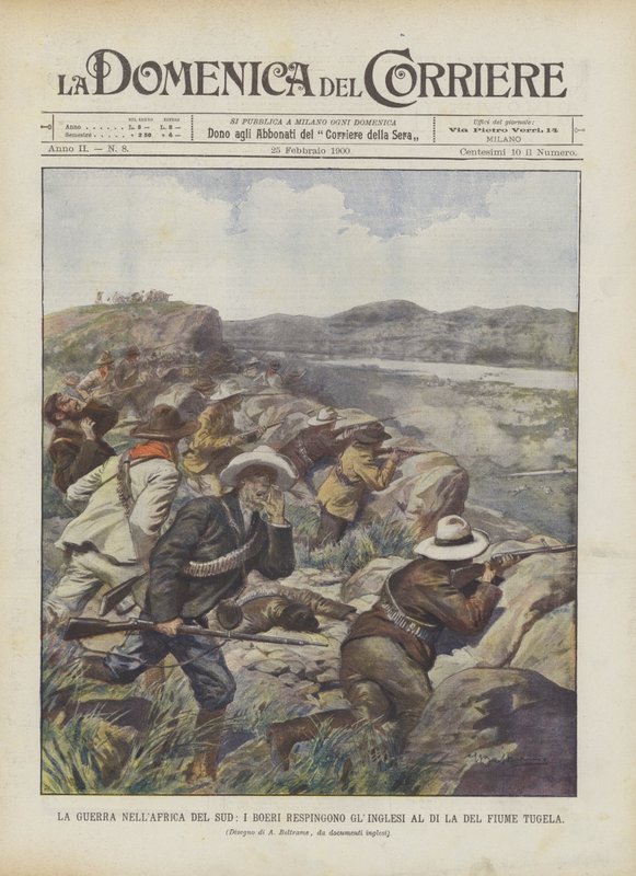De oorlog in Zuid-Afrika, de Boeren verdrijven de Engelsen over de Tugela-rivier door Achille Beltrame
