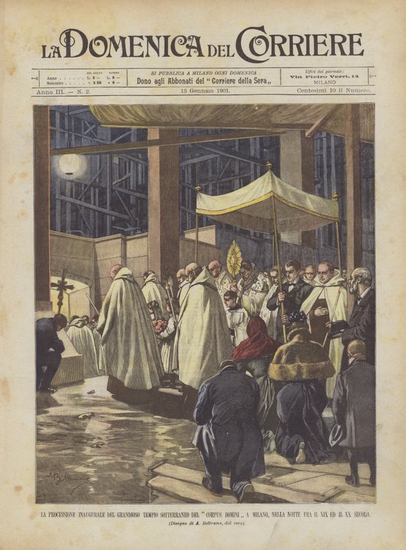 De inaugurele processie van de grandioze ondergrondse tempel van Corpus Domini in Milaan door Achille Beltrame