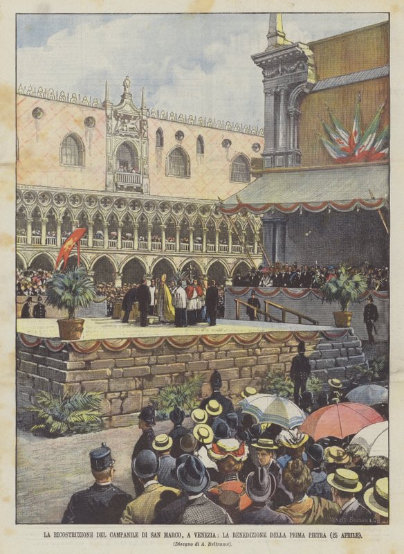 De wederopbouw van de klokkentoren van San Marco in Venetië, de zegening van de eerste steen (25 april) door Achille Beltrame