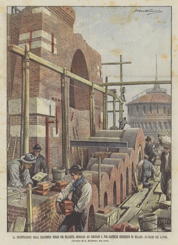 De reconstructie van de grandioze Filarete-toren, gewijd aan Umberto I, in het Sforzesco-kasteel door Achille Beltrame