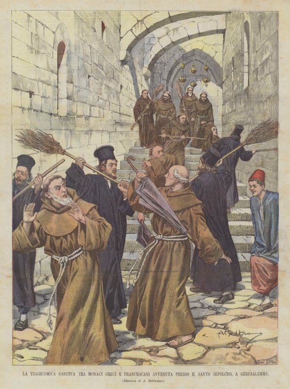 De tragikomische ruzie tussen Griekse monniken en Franciscanen bij het Heilig Graf, in Jeruzalem door Achille Beltrame