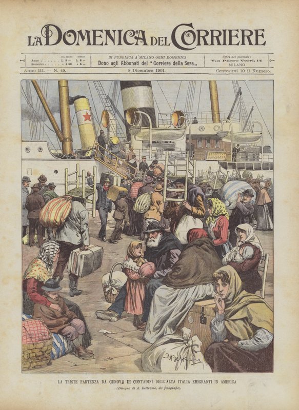 Het droevige vertrek uit Genua van boeren uit Noord-Italië die naar Amerika emigreren door Achille Beltrame