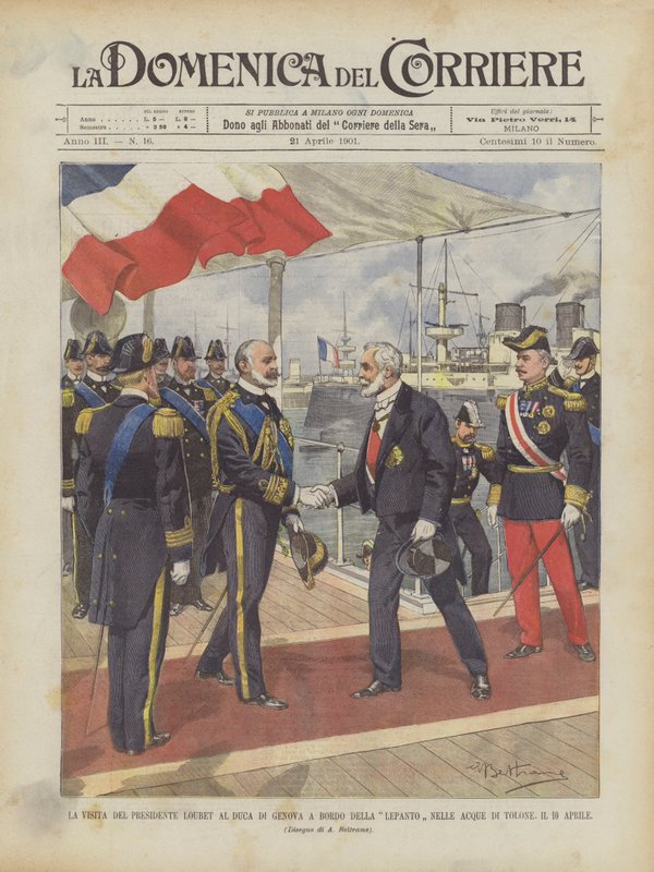 Het bezoek van president Loubet aan de hertog van Genua aan boord van de Lepanto in de wateren van Toulon, op 10 april door Achille Beltrame
