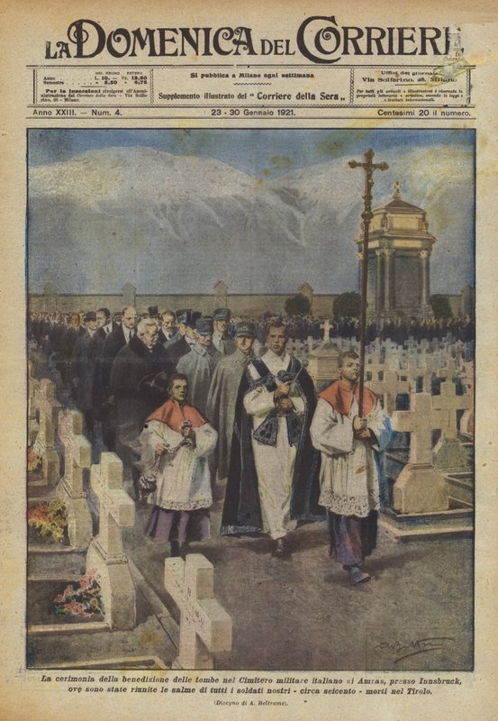 De ceremonie van de zegening van de graven op de Italiaanse militaire begraafplaats van Amras ? door Achille Beltrame