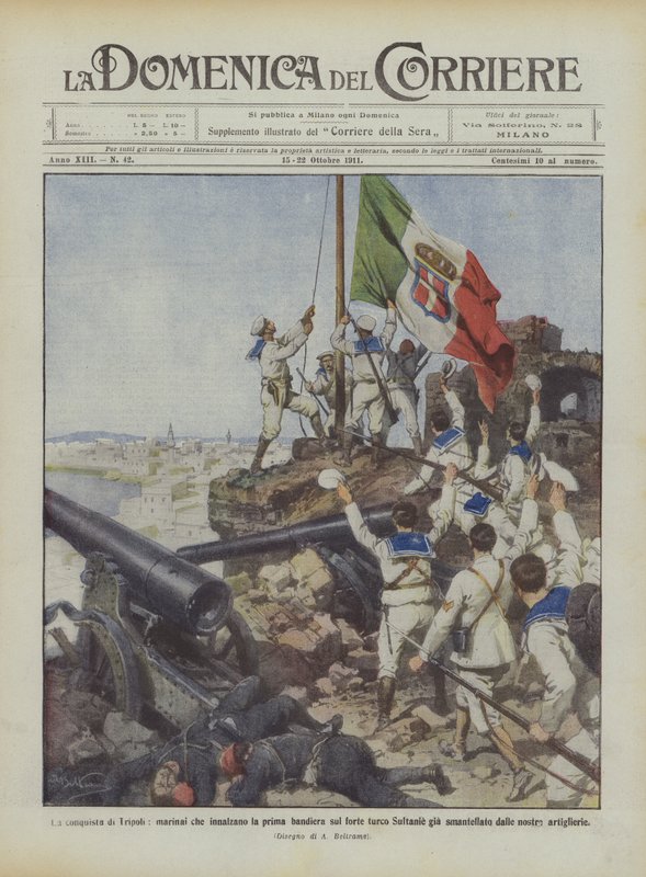 De verovering van Tripoli, matrozen die de eerste vlag hijsen op het Turkse fort Sultanie door Achille Beltrame