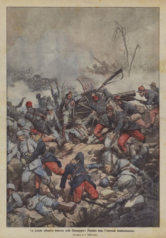 Het grote Franse offensief in de Champagne, de aanval na het winterse bombardement door Achille Beltrame