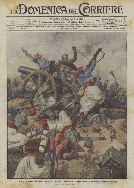 De wrede oorlog, woeste strijd tussen Franse Turcos en Duitse artilleristen rond Charleroi (België) door Achille Beltrame