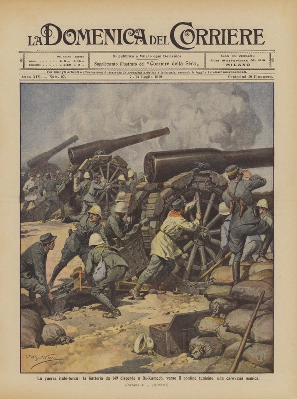 De Italiaans-Turkse oorlog, de batterij van 149 verspreidt bij Bu-Kamech, nabij de Tunesische grens, een vijandelijke karavaan door Achille Beltrame