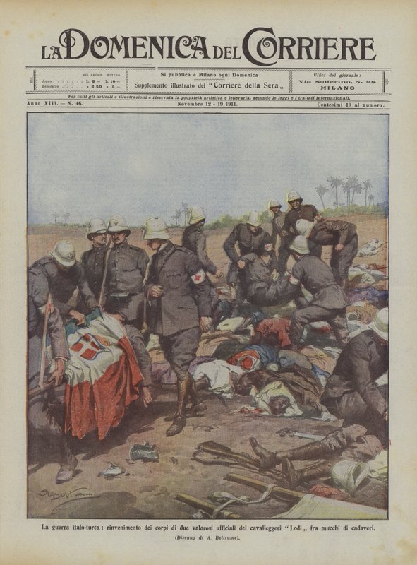 De Italiaans-Turkse oorlog, ontdekking van de lichamen van twee dappere officieren van de cavalerie Lodi tussen door Achille Beltrame