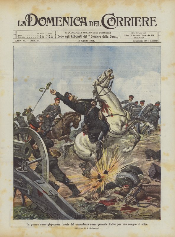 De Russisch-Japanse oorlog, de dood van de Russische commandant generaal Keller door een obus-explosie door Achille Beltrame