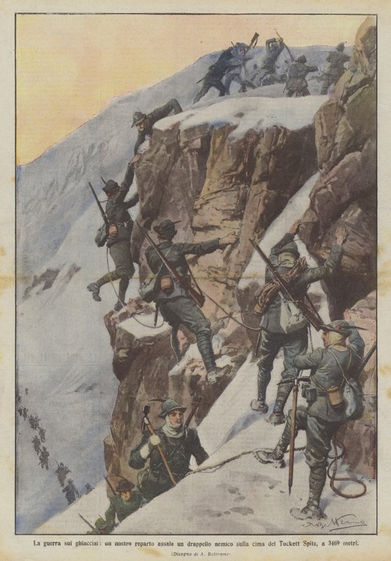 De oorlog op de gletsjers, een van onze eenheden valt een vijandelijke groep aan op de top van de Tuckett Spitz, op 3469 meter door Achille Beltrame