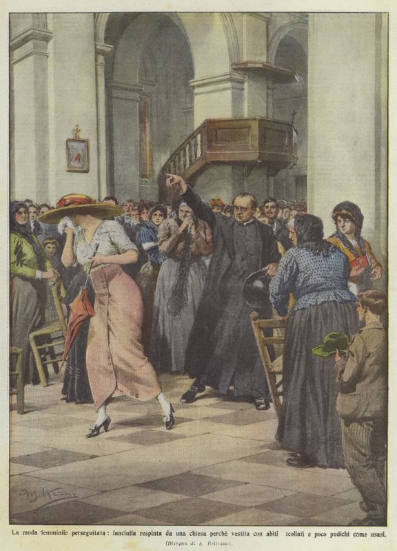 De vrouwelijke mode vervolgd, meisje geweigerd door een kerk omdat ze gekleed is in laag uitgesneden kleding door Achille Beltrame