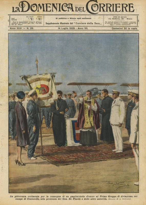De kleurrijke ceremonie voor de overhandiging van een erevaandel aan de Eerste Luchtvaartgroep door Achille Beltrame