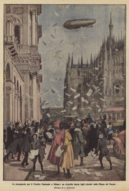 De propaganda voor de Nationale Lening in Milaan, een luchtschip gooit gekleurde folders over het Piazza del Duomo door Achille Beltrame