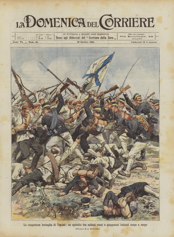 De bloedige slag bij Yen-tai, een episode tussen Russische en Japanse soldaten in een man-tegen-man gevecht door Achille Beltrame