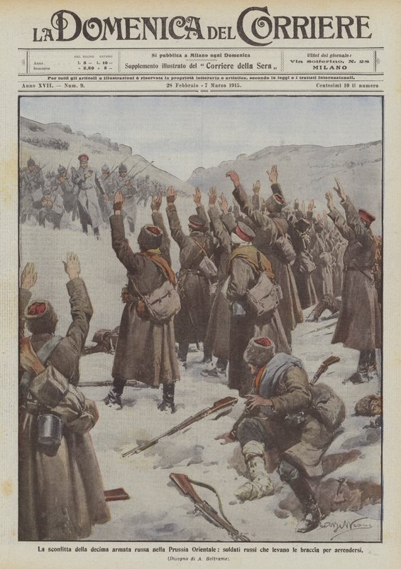 De nederlaag van het tiende Russische leger in Oost-Pruisen, Russische soldaten steken hun handen op om zich over te geven door Achille Beltrame