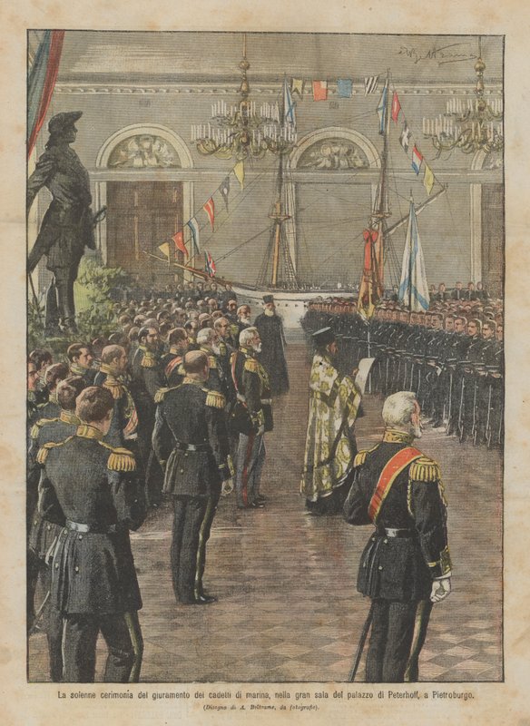 De plechtige ceremonie van de eedaflegging van marinecadetten, in de grote zaal van het paleis van Peterhof, in Sint-Petersburg door Achille Beltrame