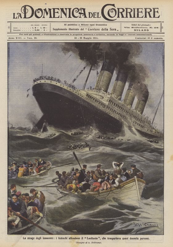 Het bloedbad van de onschuldigen, de Duitsers laten de Lusitania zinken, die bijna tweeduizend mensen vervoerde door Achille Beltrame