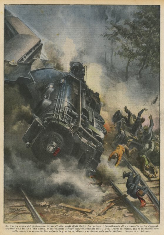 De tragische scène van de ontsporing van een sneltrein in de Verenigde Staten door Achille Beltrame
