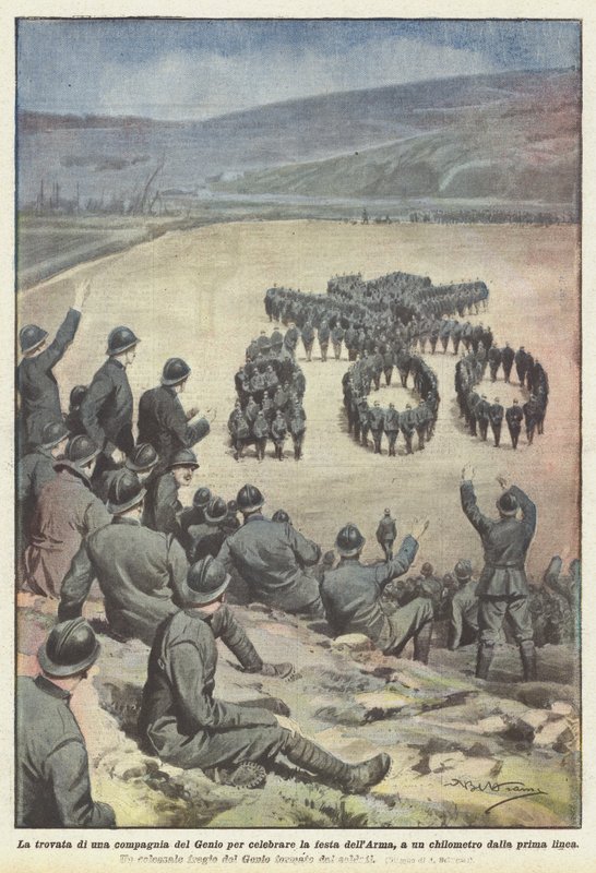 De vondst van een Genie compagnie om het feest van het Wapen te vieren, een kilometer van de frontlinie door Achille Beltrame